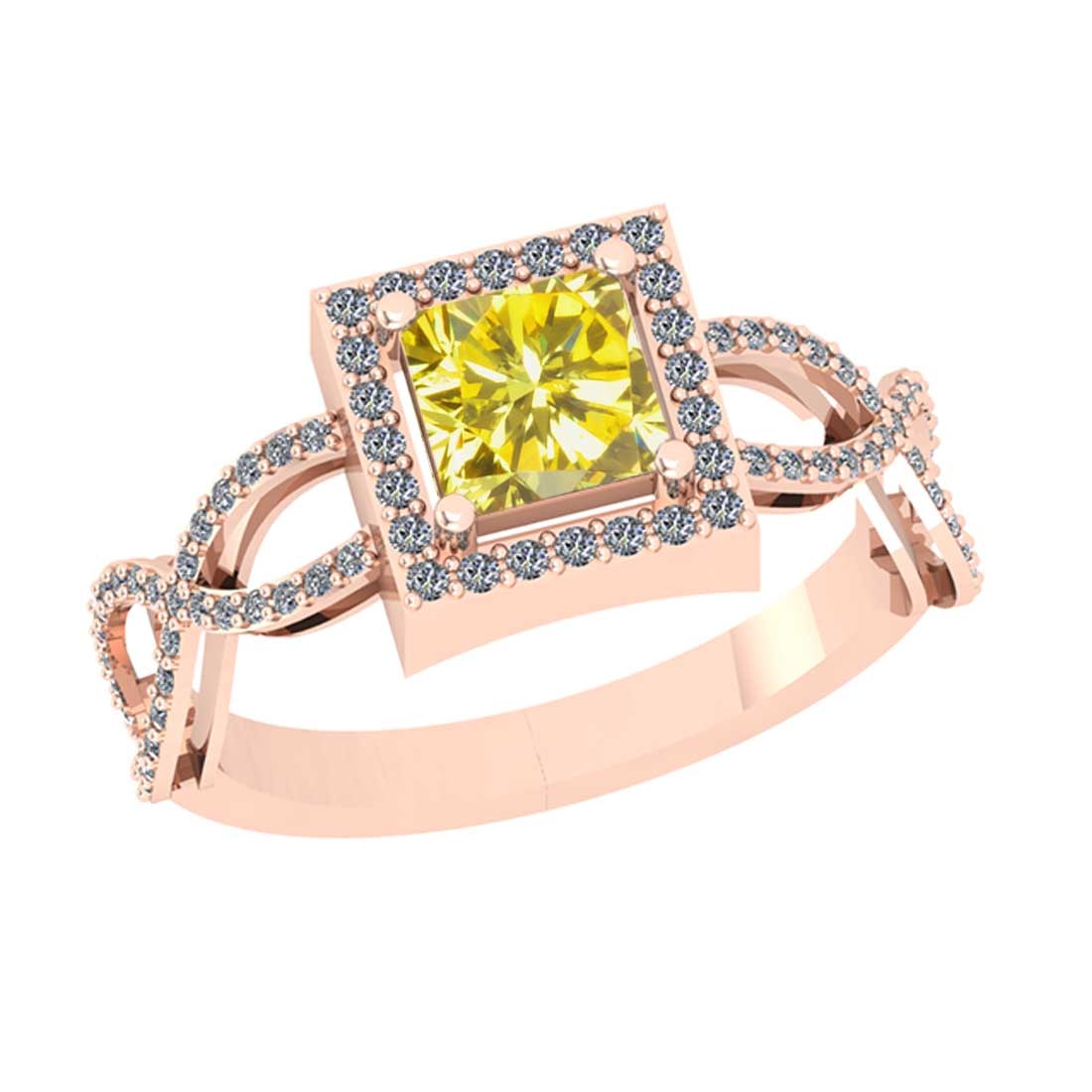 1.23 Ctw Gia certified Natural Fancy Yellow And White Diamond 14K Rose Gold: Gia certified Color Diamond Weight : 0.91 Ctw (Square Cut ) Gia certified Center Diamond Color : Natural Fancy Yellow Diamond Stone Clarity : SI2 Stone Setting : Prong Side Stone Weight Of Ctw 0.32