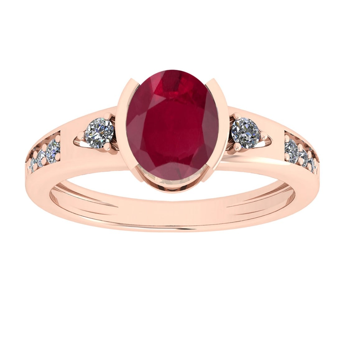 2.80 Ctw VS/SI1 Ruby And Diamond 14K Rose Gold Cocktail Ring: Center Stone Weight : 2.50 Ctw ( Oval Cut ) Center Stone Color : Ruby Stone Setting : Prong Side Diamond Weight Of Ctw 0.30 Ctw Side Stone Color : J-K Stone Clarity : VS/SI1 Stone Setting : Prong
