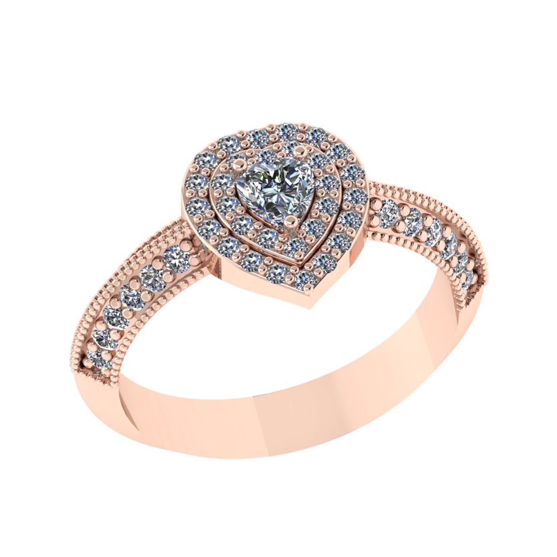 1.09 Ctw Diamond 14K Rose Gold Engagement Halo Ring: Center Diamond Weight : 0.25 Ctw (Heart Cut) Center Color :-I Clarity : SI2 Setting : Prong Side Weight Of Ctw 0.84 Ctw Color : J-K Clarity : SI2/I1 Stone Setting : Prong Metal Weight : Approx 5.40 gr