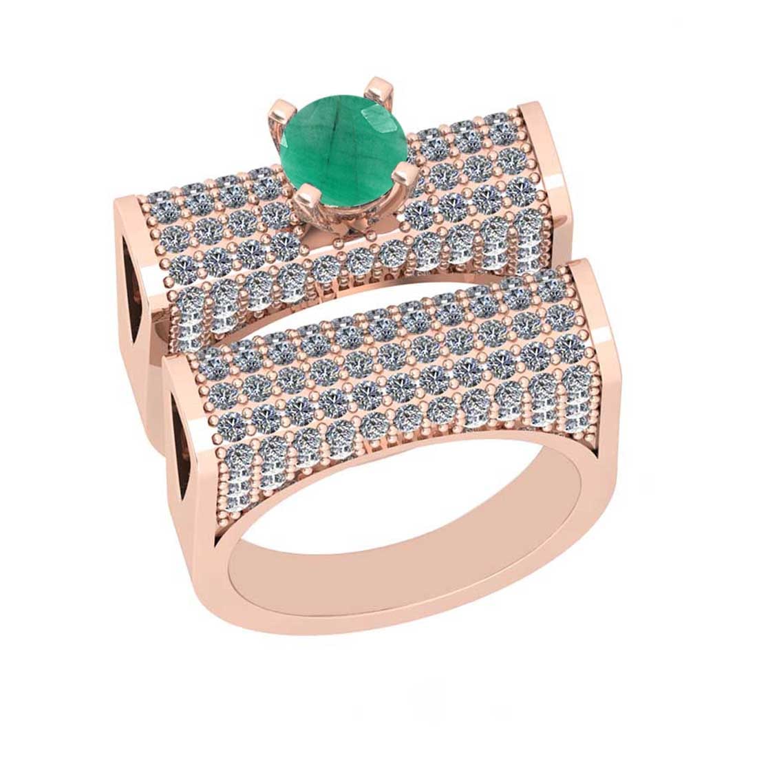 3.31 Ctw SI2/I1Emerald and Diamond 14K Rose Gold Engagement set Ring: Center Stone Weight : 1.00 Ctw ( 1pec Round Cut) Center stone Color :-Emerald Setting : Prong Side Diamond Weight Of Ctw 2.21 Ctw Color : J-K Clarity : SI2/I1 Stone Setting : Prong Metal Weight : Appr