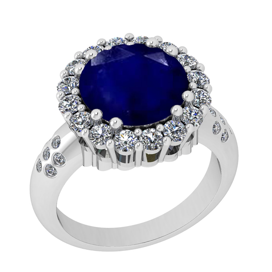 4.30 Ctw VS/SI1 Blue Sapphire And Diamond 14K White Gold Engagement Halo Ri: Center Stone Weight : 3.00 Ctw ( Round Cut ) Center Stone Color : Blue Sapphire Stone Setting : Prong Side Diamond Weight Of Ctw 1.30 Ctw Side Stone Color : J-K Stone Clarity : VS/SI1 Stone Setting : 