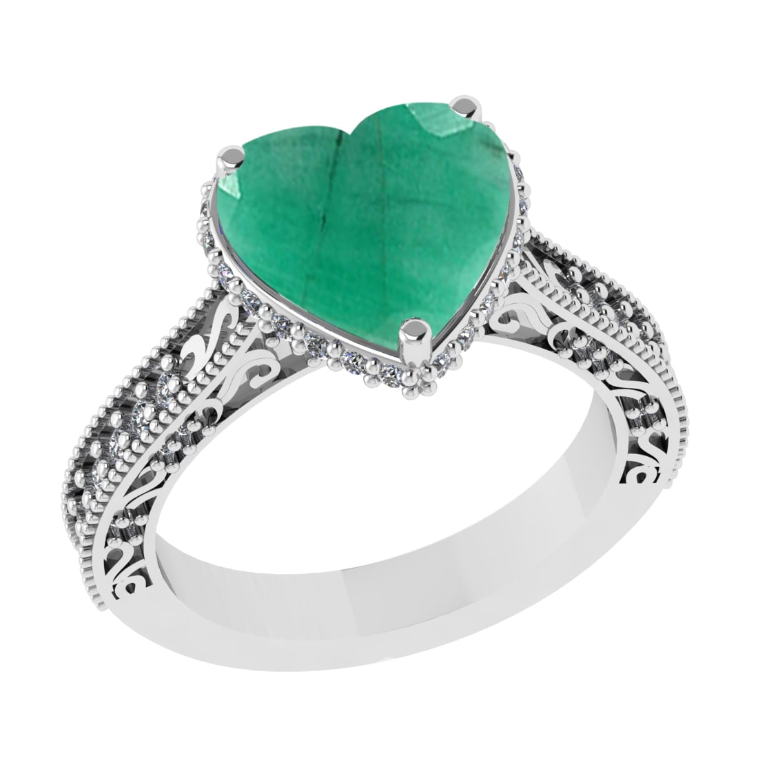 3.04 Ctw SI2/I1 Emerald and Diamond 14K White Gold Engagement Ring: Color Stone Weight : 2.50 Ctw ( Heart Cut) Stone Color :- Emerald Center Stone Setting : Prong Side Weight Of Ctw 0.54 Ctw Color : J-K Clarity : SI2/I1 Stone Setting : Prong Metal Weight : Approx 6.30