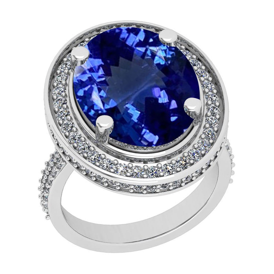 Certified 8.79 Ctw VS/SI1 Tanzanite And Diamond 14k White Gold Vingate Styl: Center Approx Weight: 7.84 Ctw (Oval Cut) Center Color: Tanzanite Center Stone Setting: Prong Side Stone 0.95 Ctw Side Stone Color: J-K Stone Clarity: VS/SI1 Stone Setting: Prong Metal Approx Weight: 