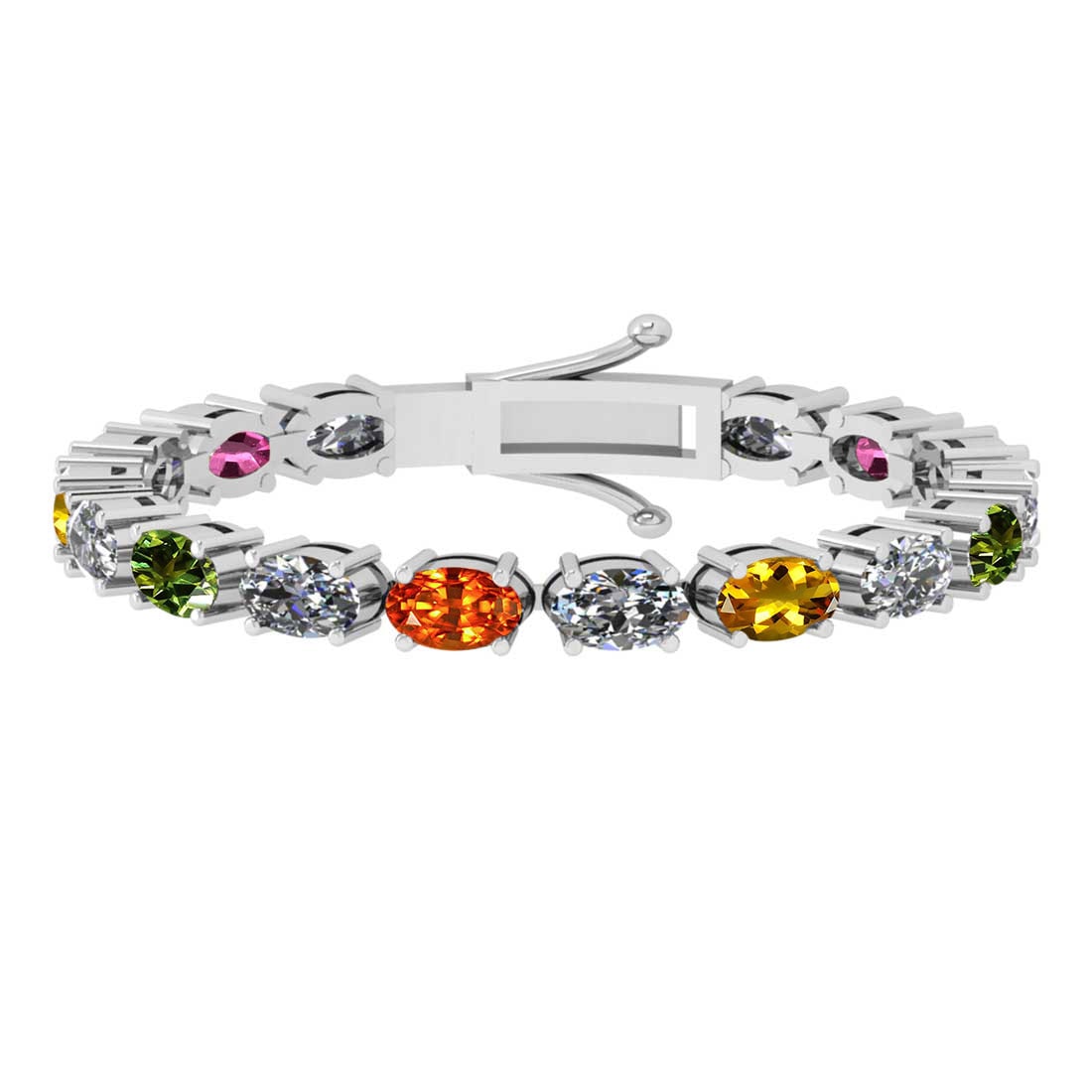 8.50 Ctw VS/SI1 Multi Stone Sapphire And Diamond 14K White Gold Bracelet: Multi Stone Weight : 4.25 Ctw ( Oval Cut ) Multi Stone Color :- Pink,Yellow Green,Orange Sapphire Stone Setting : Prong Side Diamond Weight Of Ctw 4.25 Ctw (Oval Cut) Side Stone Color : J-K Stone Clar