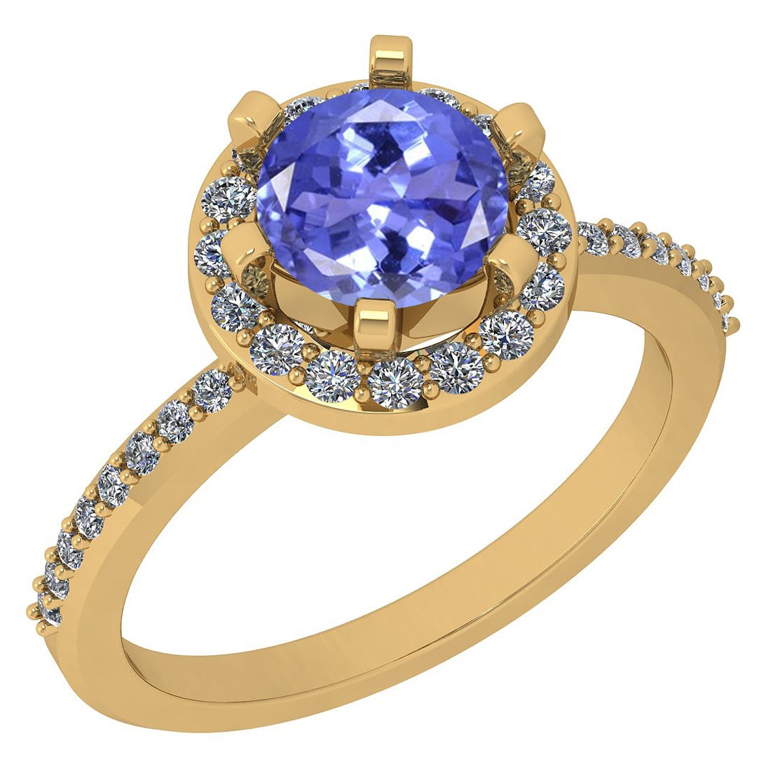 1.52 Ctw SI2/I1 Tanzanite And Diamond 14K Yellow Gold Engagement Halo Ring: Center Weight : 1.14 Ctw ( Round Cut ) Center Color :- Tanzanite Stone Setting : Prong Side Stone Weight Of Ctw 0.38 Ctw Side Stone Color : J-K Stone Clarity : SI2/I1 Stone Setting : Prong Metal Weigh