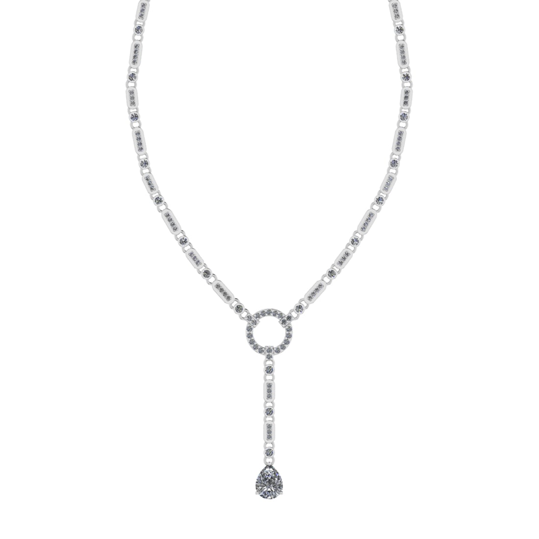 3.25 Ctw SI2/I1Diamond 14K White Gold Necklace: Center Diamond Weight : 1.80 Ctw (Pear Cut) Center Diamond Color : J-K Center Stone Setting : Prong Center Stone Clarity : SI2/I1Side Stone Weight Of Ctw 1.45 Ctw Side Stone Color : J-K Stone Clarity 
