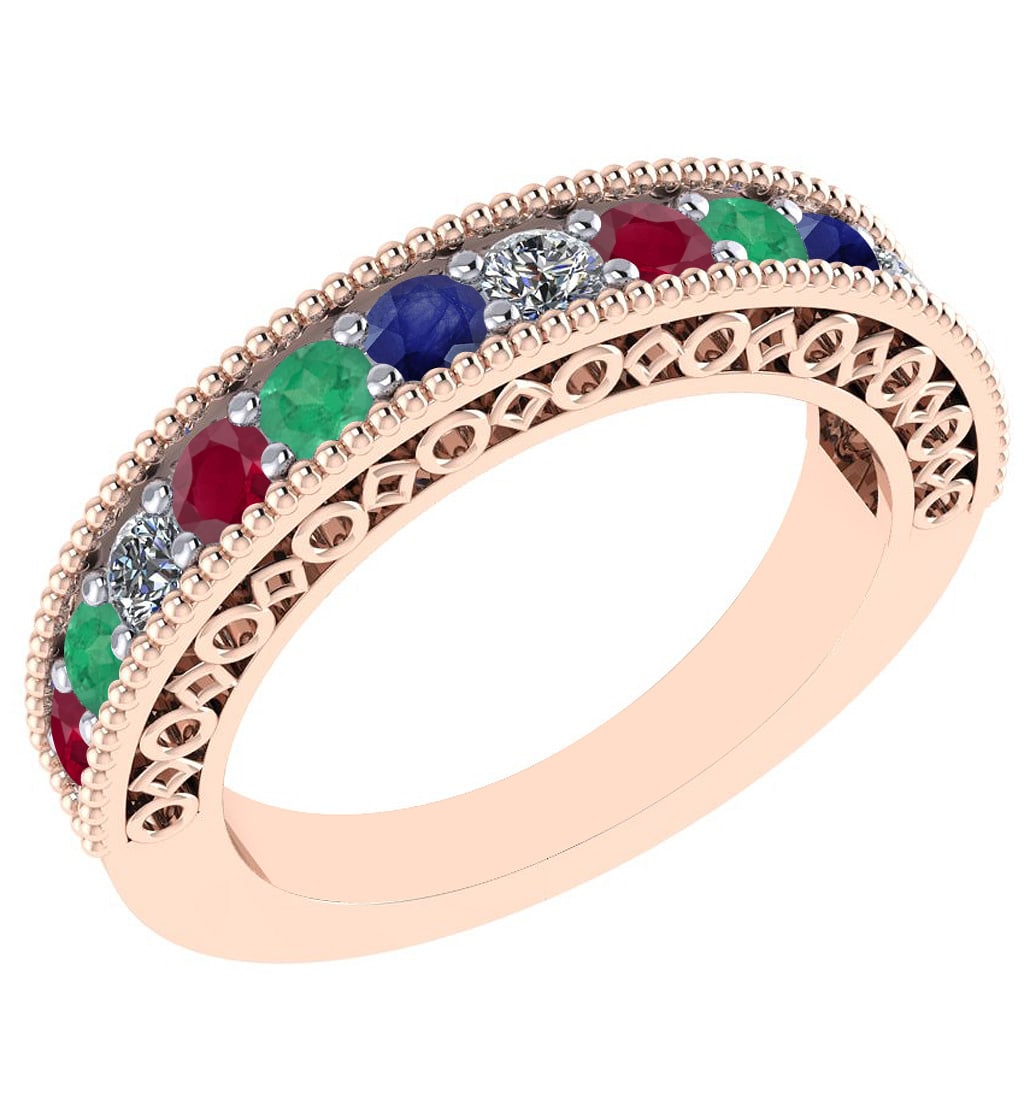 0.75 Ctw SI2/I1 Multi Ruby,Emerlad,Sapphire And Diamond 14K Rose Gold Filig: Multi Weight : 0.58 Ctw ( Round Cut ) Multi Color :- Ruby,Emerlad,Sapphire Stone Setting : Prong Side Stone Weight Of Ctw 0.17 Ctw Side Stone Color : J-K Stone Clarity : SI2/I1 Stone Setting : Prong M