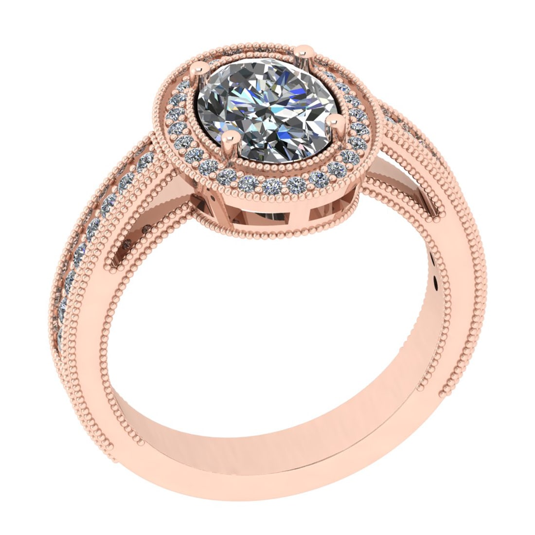 1.80 Ctw SI2/I1Diamond 14K Rose Gold Engagement Ring: Center Diamond Weight : 1.50 Ctw (Oval Cut) Center Diamond Color : J-K Center Stone Setting : Prong Center Stone Clarity : SI2/I1Side Stone Weight Of Ctw 0.30 Ctw Side Stone Color : J-K Stone Clarity 