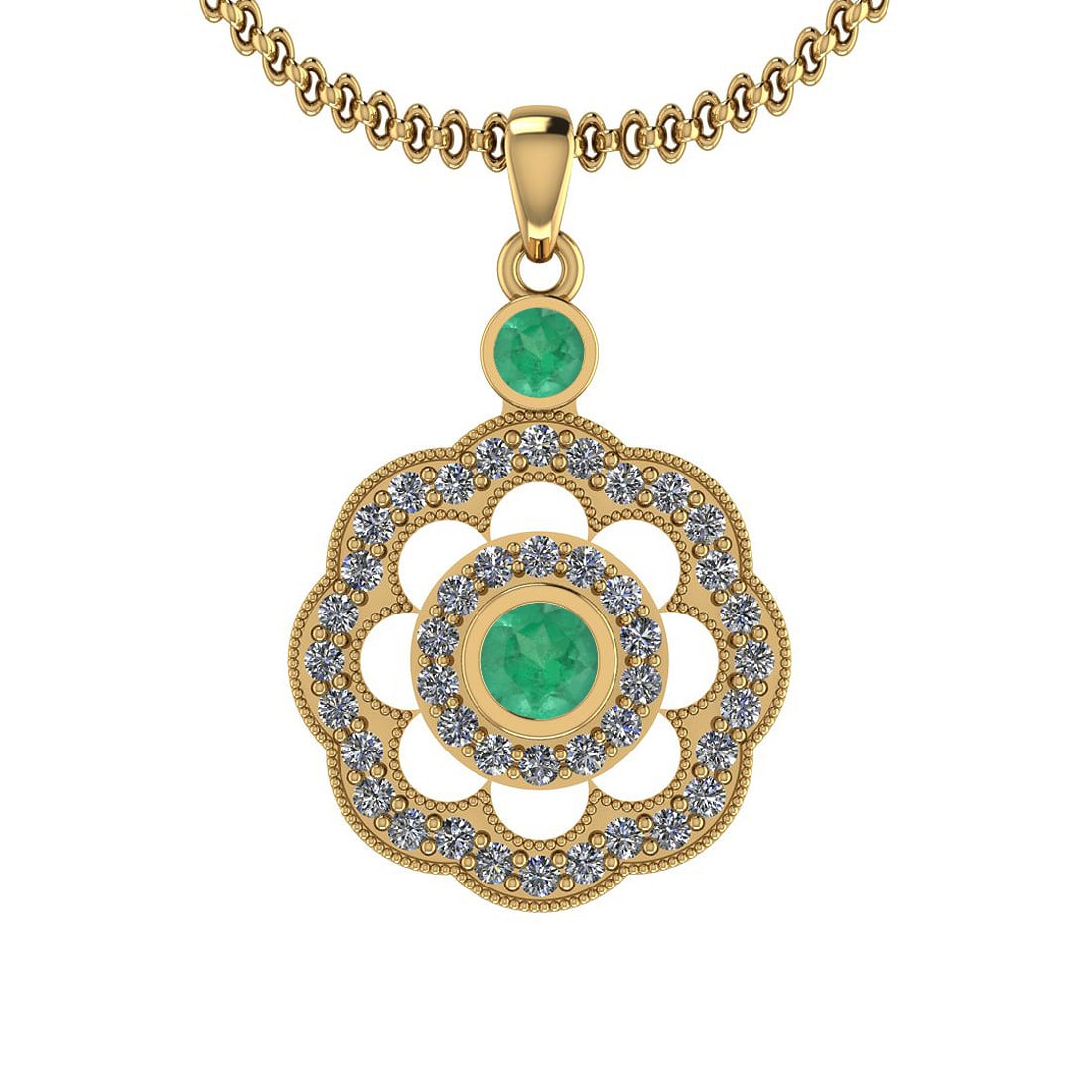 1.03 Ctw SI2/I1 Emerlad And Diamond 14K Yellow Gold Pendant Necklace: Center Weight : 0.45 Ctw ( Round Cut ) Center Color :- Emerlad Stone Setting : Bezel Side Stone Weight Of Ctw 0.58 Ctw Side Stone Color : J-K Stone Clarity : SI2/I1 Stone Setting : Prong Metal Weight 
