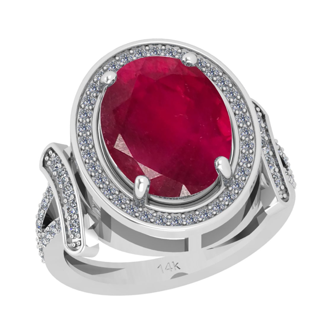 6.28 CtwSI2/I1 Ruby And Diamond 14K White Gold Vintage Style Ring: Center Stone Weight : 5.88 Ctw ( Oval Cut ) Center Stone Color : Ruby Stone Setting : Prong Side Diamond Weight Of Ctw 0.40 Ctw Side Stone Color : J-K Stone Clarity :SI2/I1 Stone Setting : Prong Metal