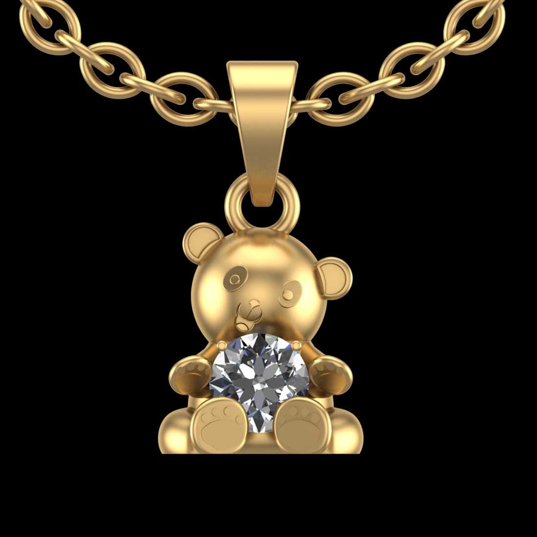 0.95 Ctw SI2//I1 Diamond 14 K Yellow Gold Teddy Pendant Necklace: Total Diamond Weight : 0.95 Ctw (Round cut) Center Diamond Color :- J-K Center Clarity : SI2//I1 Stone Setting : Prong Metal Weight : Approx 8.90 Gram 14 K Yellow Gold Teddy Pendant Necklace Length :-