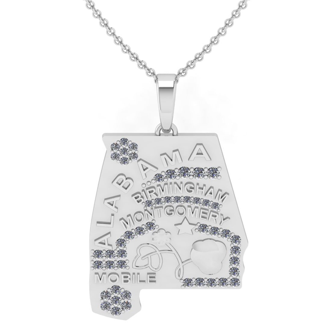 0.83 Ctw SI2/I1 Diamond 14K White Gold Express your Country/ state love ALA: Total Diamond Weight : 0.83 Ctw ( Round Cut ) Diamond Color :- J-K Clarity : SI2/I1 Stone Setting : Prong Metal Weight : Approx 9.30 Gram 14K White Gold Express your Country/ state love ALABAMA Neckla