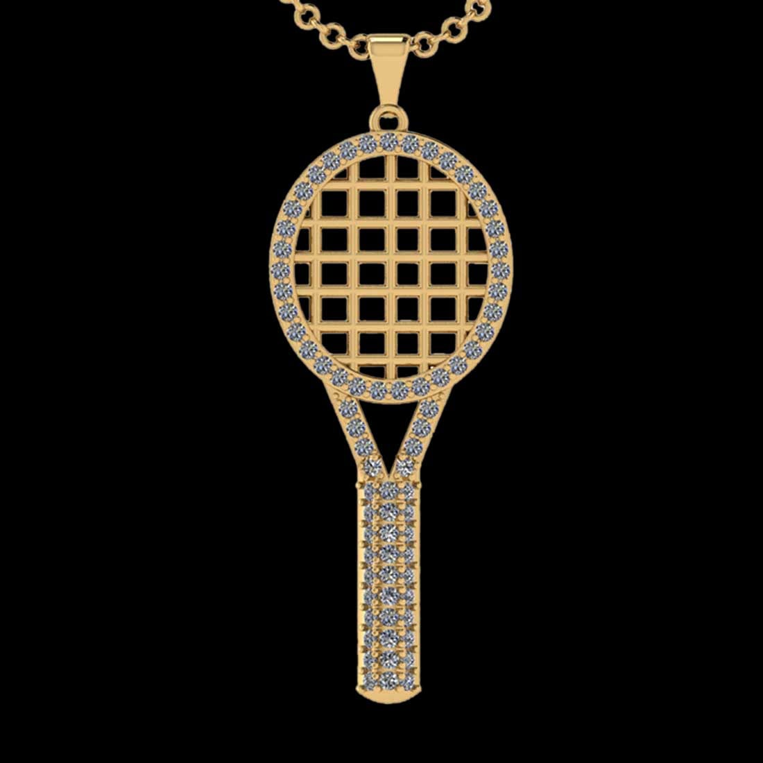 1.03 Ctw SI2/I1 Diamond 18K Yellow Gold Tennis Racket Pendant Necklace: Total Diamond Weight : 1.03 Ctw (Round cut) Center Diamond Color :- G-H Center Clarity : SI2/I1 Stone Setting : Prong Metal Weight : Approx 7.80 Gram 18K Yellow Gold Tennis Racket Pendant Necklace #PA