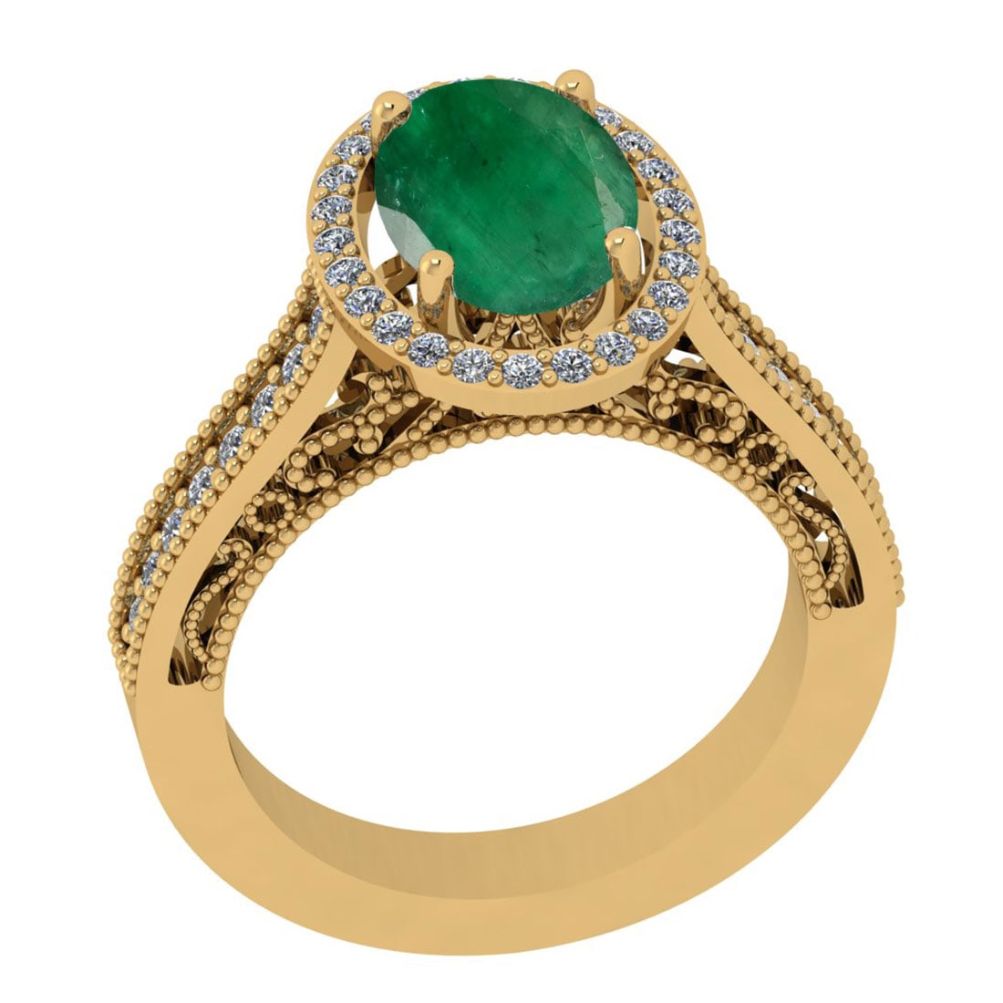 3.40 Ctw VS/SI1 Emerald And Diamond 18K Yellow Gold Vintage Style Ring: Color Stone Weight : 3.00 Ctw (Oval Cut) Center Stone Color : Emerald Center Stone Setting : Prong Side Stone Weight Of Ctw 0.40 tw Side Stone Color : J-K Stone Clarity : VS/SI1 Stone Setting : Prong 