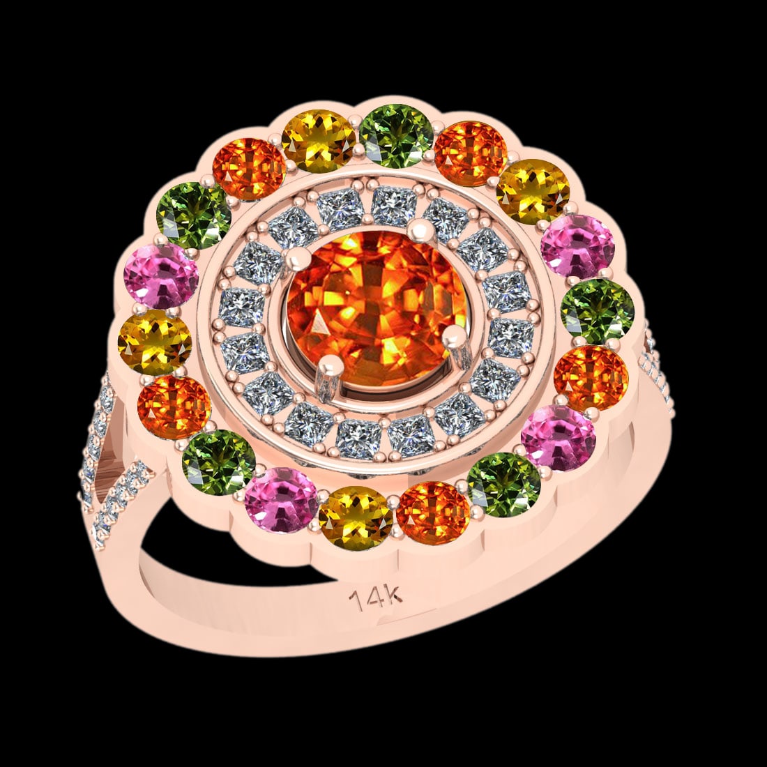 2.77 Ctw SI2/I1 Multi Sapphire And Diamond 14K Rose Gold Ring: Multi Stone Weight : 2.17 Ctw (Round Cut ) Multi Stone Color : Pink,Yellow,Green,Orange Sapphire Stone Setting : Prong Side Stone Weight Of Ctw 0.60 Ctw Side Stone Color : J-K Stone Clarity : SI2/I1 S