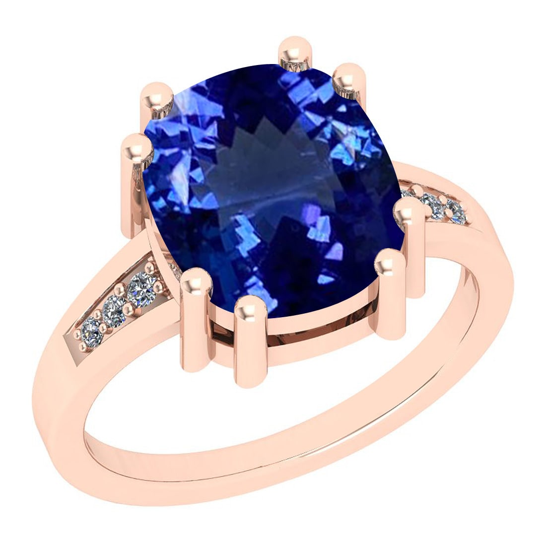 Certified 5.24 Ctw VS/SI1 Tanzanite And Diamond 14k Rose Gold Vintage Style: Center Approx Weight: 5.18 Ctw (Cushion Cut) Center Color: Tanzanite Center Stone Setting: Prong Side Stone 0.06 Ctw Side Stone Color: J-K Stone Clarity: VS/SI1 Stone Setting: Prong Metal Approx Weigh