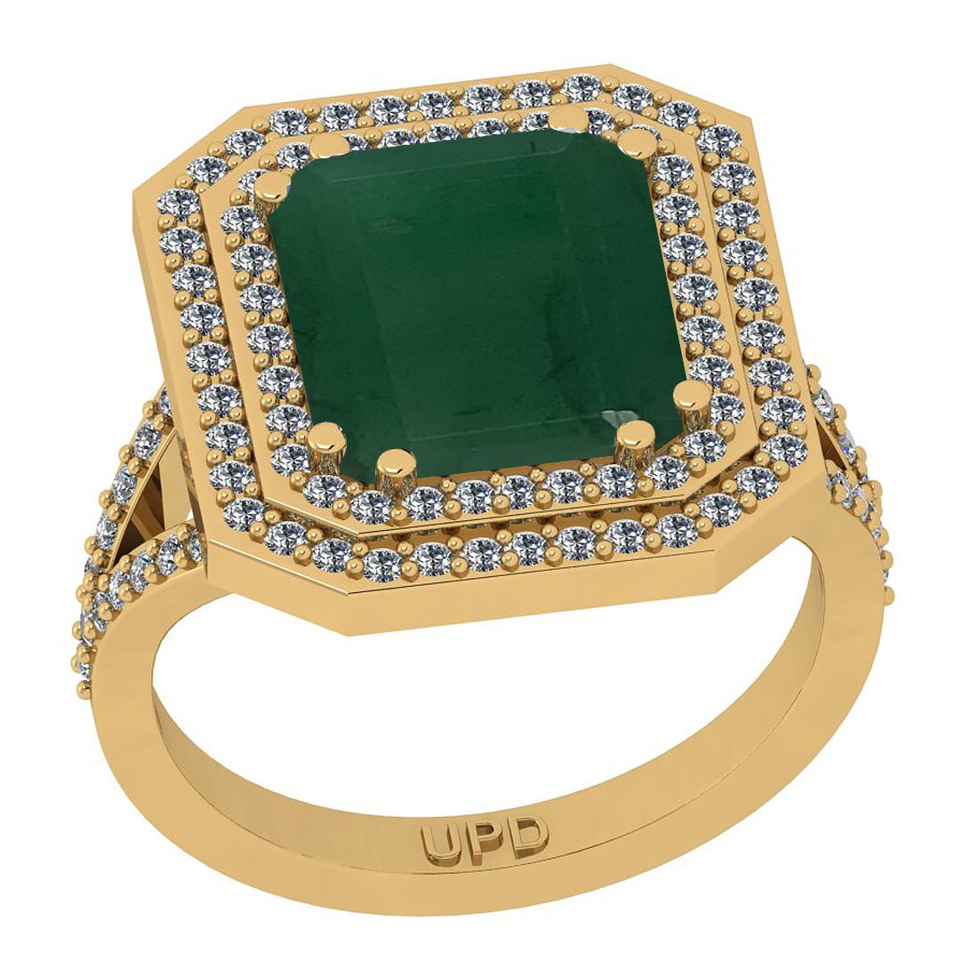 5.20 Ctw VS/SI1 Emerald And Diamond 18K Yellow Gold Double Row Engagement H: Center Stone Weight : 4.63 Ctw ( Emerald Cut) Center Stone Color :-Emerald Stone Setting : Prong Side Stone Weight Of Ctw 0.57 Ctw Side Stone Color : J-K Stone Clarity : VS/SI1 Stone Setting : Prong M