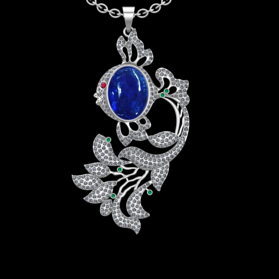 29.55 Ctw VS/SI1 Tanzanite and Diamond Prong Set 14K White Gold Fish Pendan: Center Stone Weight : 23.60 Ctw ( Oval Cab) Center Stone Color :-Tanzanite Setting : Prong Side Weight Of Ctw 5.95 Ctw Color : J-K Clarity : VS/SI1 Stone Setting : Prong Metal Weight : Approx 35.90 gr