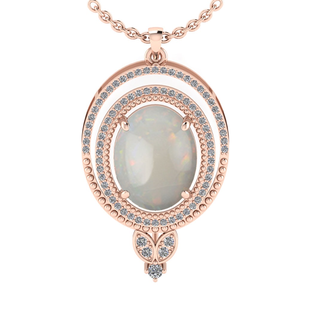 8.64 Ctw SI2/I1 Opal And Diamond 14K Rose Gold Pendant Necklace: Center Stone Weight : 7.88 Ctw ( Oval Cab ) Center Stone Color : Opal Stone Setting : Prong Side Diamond Weight Of Ctw 0.76 Ctw Side Stone Color : J-K Stone Clarity : SI2/I1 Stone Setting : Prong Meta