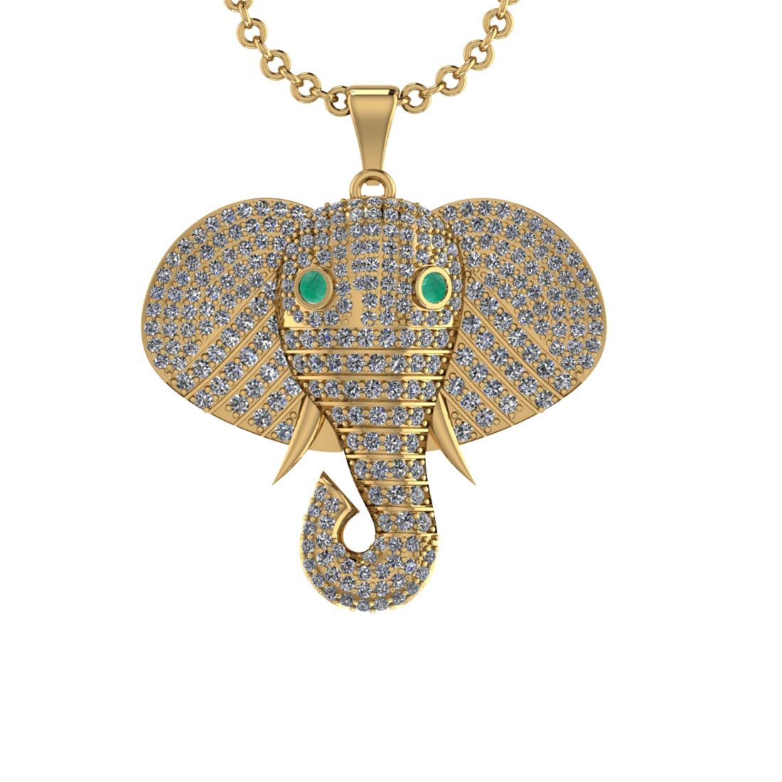 5.60 Ctw SI2/I1 Diamond 14k Yellow Gold Animal theme Elephant Pendant Neckl: Eye stone Weight :-0.30 Ctw Eye Color :- Emerald setting Prong Total Diamond Weight : 5.30 Ctw (Round cut) Center Diamond Color :- J-K Center Clarity : SI2/I1 Stone Setting : Prong Metal Weight : Appr