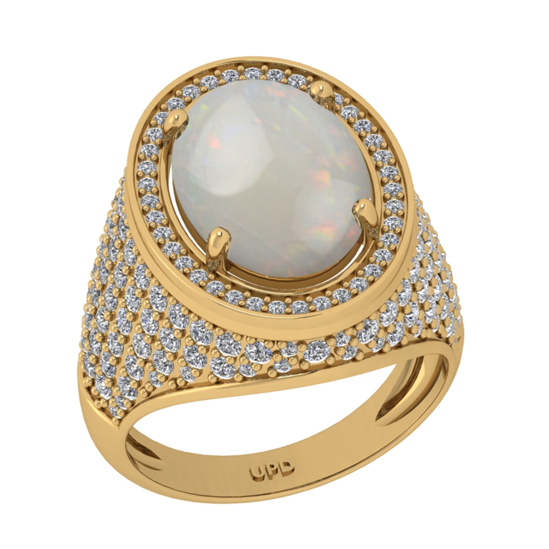 6.16 Ctw I2/I3 Opal And Diamond 14K Yellow Gold Engagement Ring: Center Stone Weight : 4.56 Ctw (Oval Cab ) Center Stone Color : Opal Stone Setting : Prong Side Diamond Weight Of Ctw 1.60 Ctw Side Stone Color : J-K Stone Clarity : I2/I3 Stone Setting : Prong Metal 