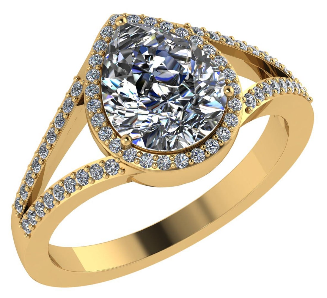 Certified 1.35 CTW Pear Diamond 14K Yellow Gold Ring: Center Stone 1.00 CTW Pear Center Stone Clarity:SI2-SI3 Center Stone Color: White Diamond Stone Setting ;Prong Side Stone Clarity;SI1-SI2 Side Stone Color ;White Diamond G-H Side Stone Setting ;Prong 