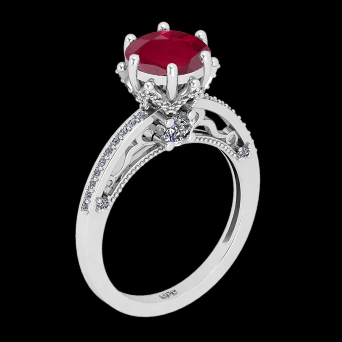2.61 Ctw VS/SI1 Ruby And Diamond Prong Set 14K White Gold Vintage Style Rin: Center Stone Weight : 2.00 Ctw ( Round Cut) Center stone Color :- Ruby Center Stone Setting : Prong Side Stone Weight Of Ctw 0.61 Ctw Side Stone Color : J-K Stone Clarity :VS/SI1 Stone Setting : Prong