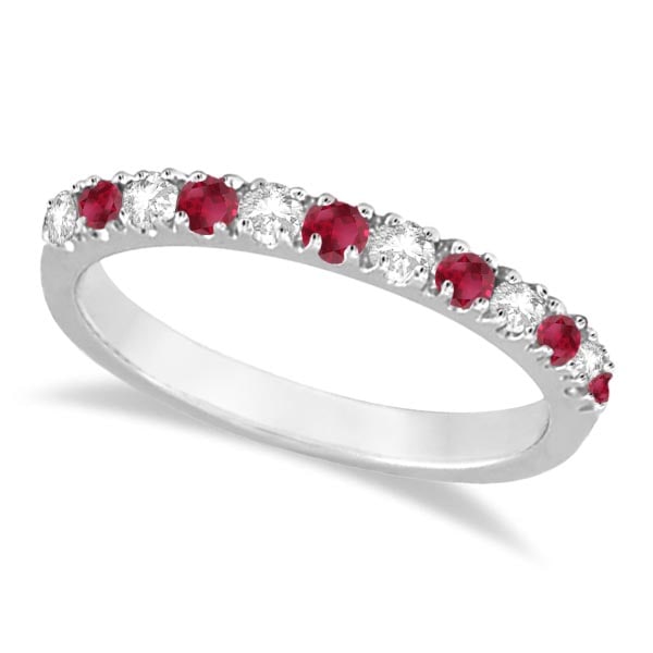 Diamond and Ruby Ring Guard Anniversary Band 14K White Gold 0.37ctw: CENTER STONE; Ruby CENTER STONE CLARITY; CENTER STONE COLOR; Red CENTER STONE SETTING; Prong SIDE STONE CLARITY; SI SIDE STONE COLOR; J-K SIDE STONE SETTING; Prong ctw OF SIDE STONE: 0.18 SIDE STONE