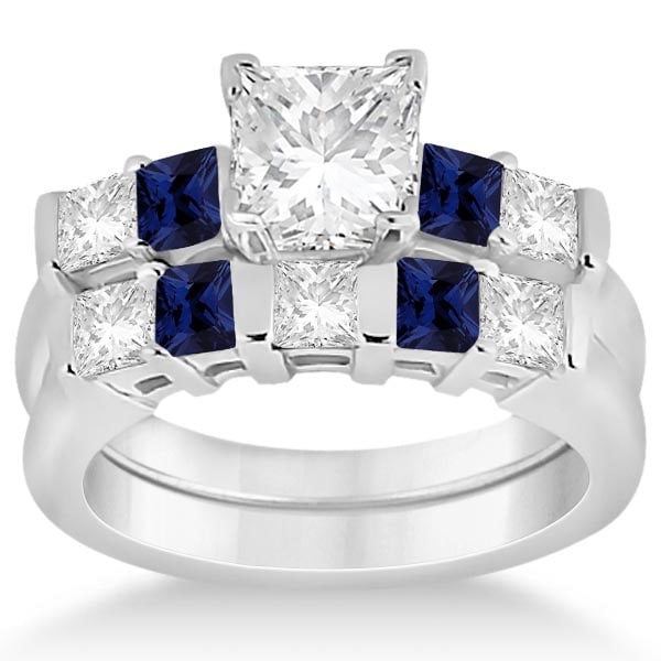 5 Stone Diamond and Blue Sapphire Bridal Set 14K White Gold 1.46ctw (1 of 1)