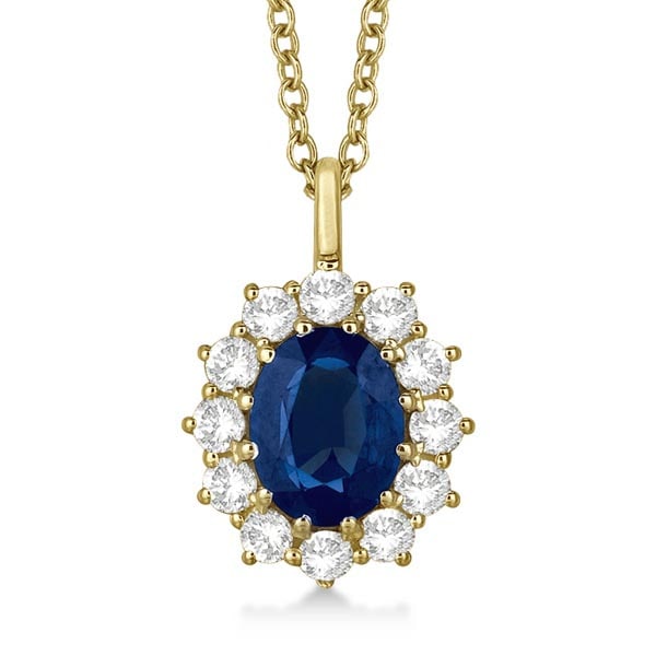 Oval Blue Sapphire and Diamond Pendant Necklace 14k Yellow Gold 3.60ctw: CENTER STONE; Sapphire CENTER STONE CLARITY; Eye Clean #SI CENTER STONE COLOR; Blue CENTER STONE SETTING; Prong SIDE STONE CLARITY; SI1-SI2 SIDE STONE COLOR; J-K SIDE STONE SETTING; Prong ctw OF SIDE 