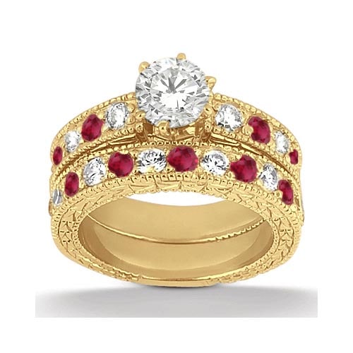 Antique style Diamond and Ruby Bridal Set 14k Yellow Gold 1.80ctw: CENTER STONE1.00 Ctw ; Ruby,Diamond CENTER STONE CLARITY; Eye Clean#SI1-SI2 CENTER STONE COLOR; Red,J-K CENTER STONE SETTING; Pave,Pave SIDE STONE CLARITY; SIDE STONE COLOR; SIDE STONE SETTING; ctw OF
