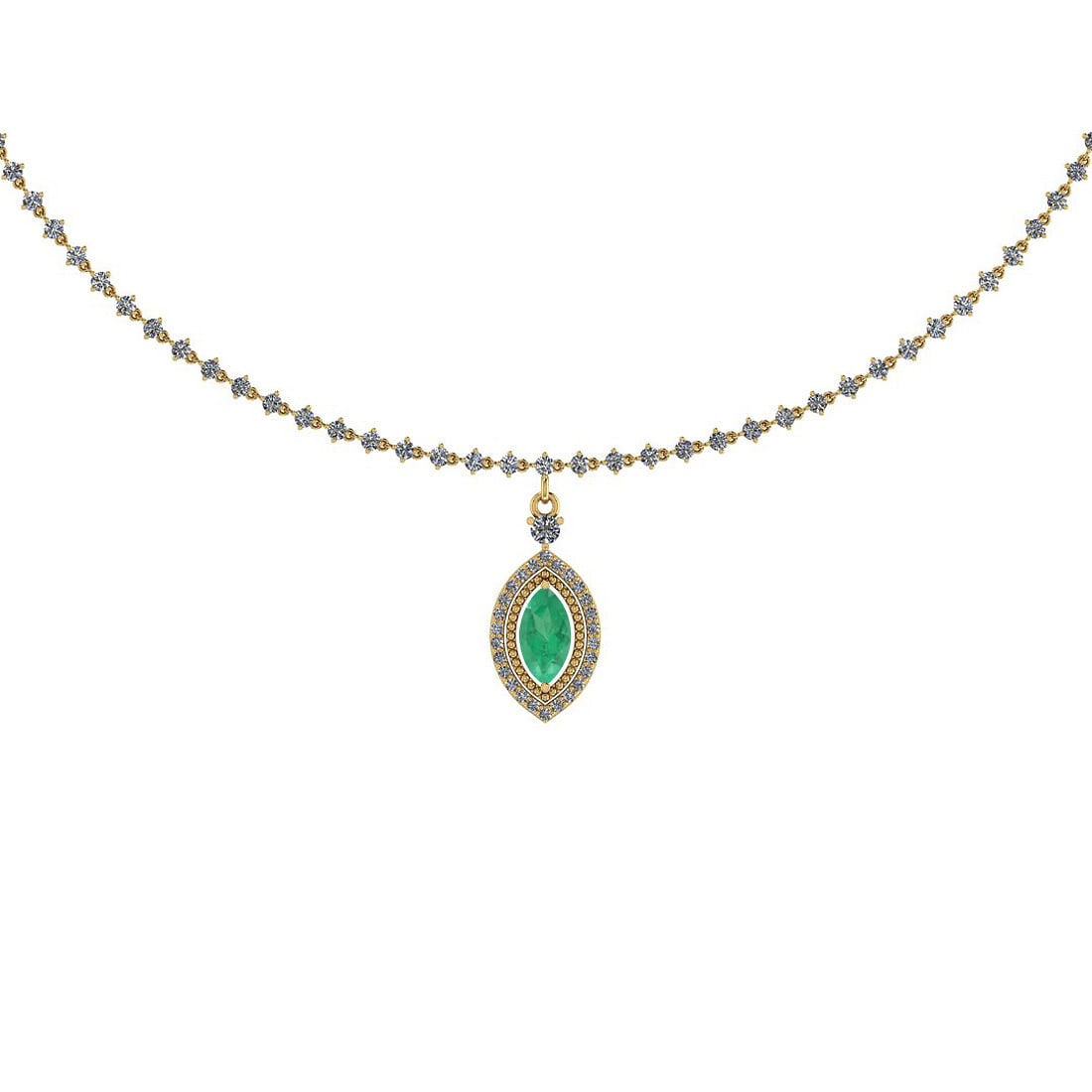 Certified 5.23 Ctw Emerald And Diamond SI2/I1 14K Yellow Gold Pendant Neckl: Center Stone Approx Weight: 0.95 Ct (1 Pcs Marquise Cut) Center Stone Color: Emerald Center Stone Setting: Prong Side Stone 4.28 Ctw Side Stone Color: G-H Stone Clarity : SI2/I1 Stone Setting: Prong