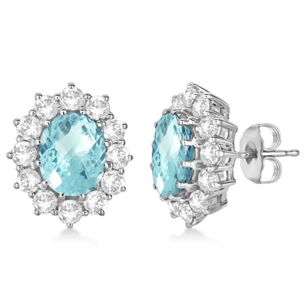 Oval Aquamarine and Diamond Accented Earrings 14k White Gold 7.10ctw: CENTER STONE; Aquamarine CENTER STONE CLARITY; CENTER STONE COLOR; Blue CENTER STONE SETTING; Prong SIDE STONE CLARITY; SI1-SI2 SIDE STONE COLOR; J-K SIDE STONE SETTING; Prong ctw OF SIDE STONE: 1.55 