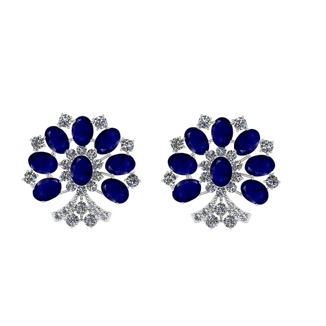 15.48 Ctw SI2/I1 Blue Sapphire And Diamond 14K White Gold Earrings: Center Stone Weight : 12.00 Ctw ( Oval Cut ) Center Stone Color : Blue Sapphire Center Stone Setting : Prong Side Stone Weight Of Ctw 3.48 Ctw Side Stone Color : White J-K Diamond Stone Clarity : SI2/