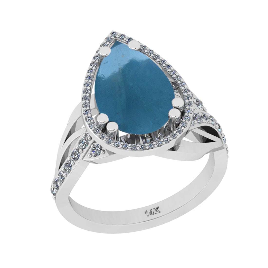 3.85 Ctw SI2/I1 Aquamarine And Diamond 14K White Gold Engagement Halo Ring: Center Stone Weight : 3.35 Ctw (Pear Cabochon ) Center Stone Color : Aquamarine Stone Setting : Prong Side Stone Weight Of Ctw 0.50 Ctw Side Stone Color : J-K Stone Clarity : SI2/I1 Stone Setting : Pr
