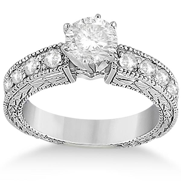 1.70ctw Antique style Style Diamond Engagement Ring Setting 18k White Gold: CENTER STONE; DIAMOND (1.00 CTW) CENTER STONE CLARITY; SI1-SI2 CENTER STONE COLOR; J-K CENTER STONE SETTING; SIDE STONE CLARITY; SI1-SI2 SIDE STONE COLOR; J-K SIDE STONE SETTING; Bead ctw OF SIDE