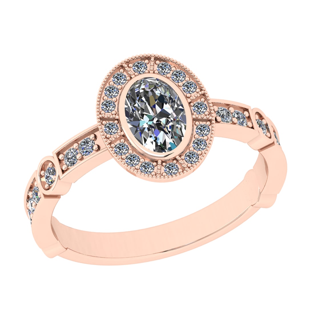 1.00 Ctw SI2/I1 Diamond 14K Rose Gold Engagement Halo Ring: Center Weight : 0.70 Ctw (Oval Cut) Center Diamond Color : J-K Center Stone Setting : Prong Center Stone Clarity : SI2/I1 Side Stone Weight Of Ctw 0.30 Ctw Side Stone Color : J-K Stone Clarity :