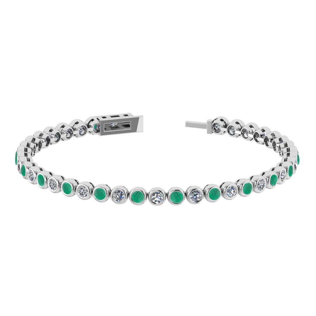 3.08 Ctw SI2/I1 Emerald and Diamond 14K White Gold Bracelet: Center Stone Weight : 1.54 Ctw ( Round Cut) Center stone Color :-Emerald Setting : Prong Side Weight Of Ctw 1.54 Ctw Color : J-K Clarity : SI2/I1 Stone Setting : Prong Metal Weight : Approx 9.50 gram