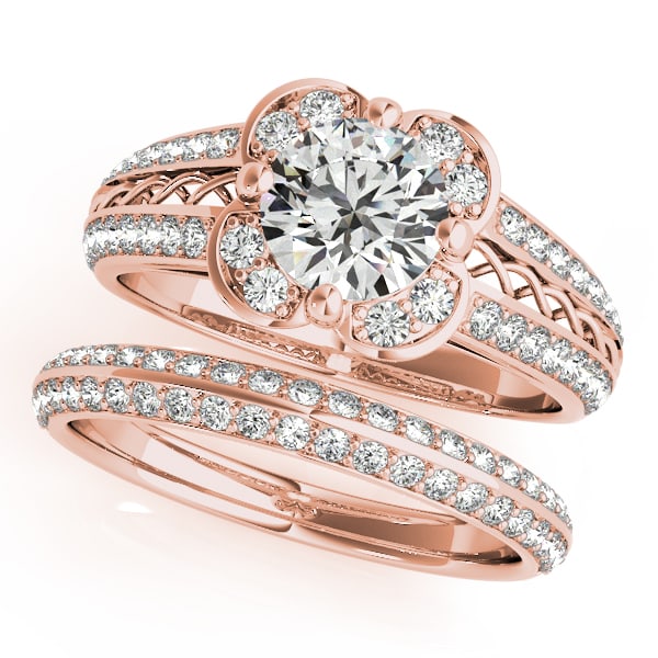 Certified 1.60 Ctw SI2/I1 Diamond 14K Rose Gold Vingate Style Bridal Set Ri