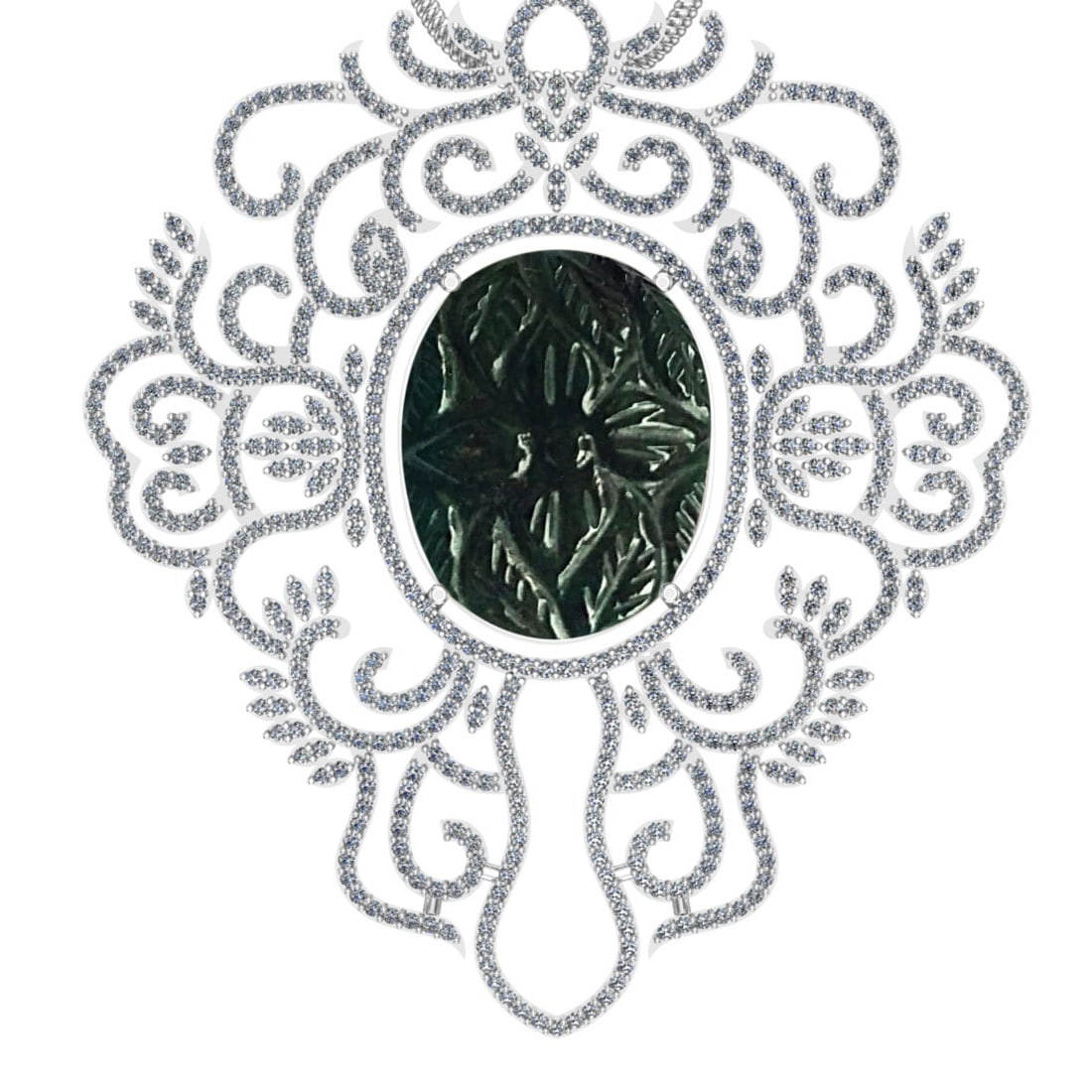 23.93 Ctw SI2/I1 Emerald And Diamond 14K White Gold Pendant: Color Stone Weight : 20.10 Ctw (carving Oval Shape ) Center Stone Color : Emerald Center Stone Setting : Prong Side Stone Weight Of Ctw 3.83 Ctw Side Stone Color : J-K Stone Clarity : SI2/I1 Stone Set