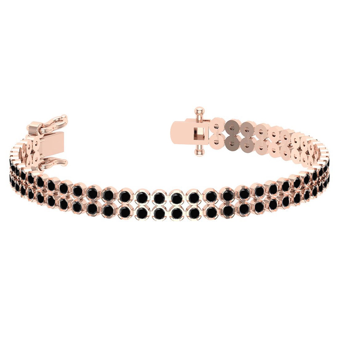 1.50 Ctw i2/i3 Treated Fancy Black Diamond 14K Rose Gold 2 Row Bracelet: Center Diamond Weight : 1.50 Ctw (Round Cut) Center Diamond Color :- Treated Fancy Black Diamond Center Clarity : I2/I3 Stone Setting : Prong Metal Weight : Approx 16.50 Gram 14K Rose Gold 2 Row