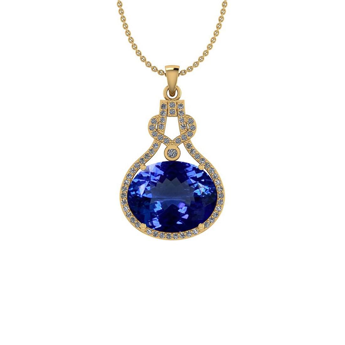 8.62 Ctw VS/SI1 Tanzanite And Diamond 18K Yellow Gold Pendant Necklace: Center Stone Weight : 8.32 Ctw (Oval Cut) Center Stone Color :-Tanzanite Center Stone Setting : Prong Side Stone Weight Of Ctw 0.30 Ctw Side Stone Color : G-H Stone Clarity : VS/SI1 Stone Setting : Pr
