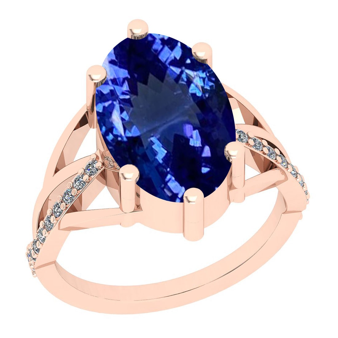 8.00 Ctw VS/SI1 Tanzanite And Diamond 18K Rose Gold Ring: Center Stone Weight : 7.84 Ctw (Oval Cut) Center Stone Color :-Tanzanite Center Stone Setting : Prong Side Stone Weight Of Ctw 0.16 Ctw Side Stone Color : G-H Stone Clarity : VS/SI1 Stone Setting : Pr
