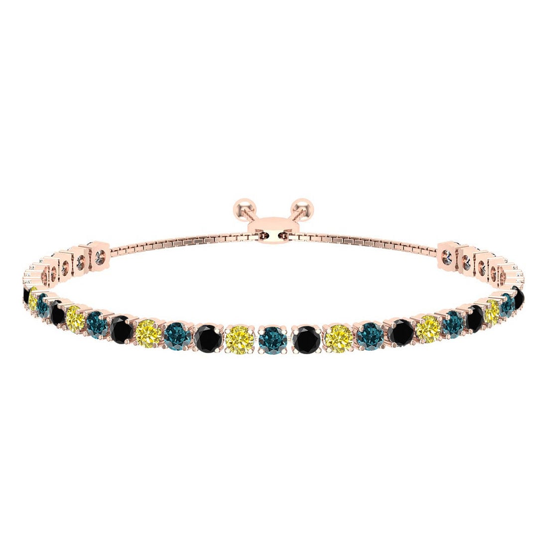 1.66 Ctw I2/I3 Multi Diamond14K Rose Gold Slide Bracelet: Center Diamond Weight : 1.66 Ctw (Round Cut) Center Diamond Color :- Treated Fancy Blue black yellow diamond Center Clarity : I2/I3 Stone Setting : Prong Metal Weight : Approx 7.20 Gram 14K Rose Gold 