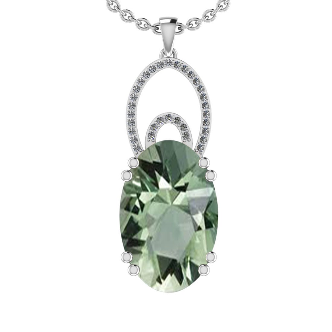 23.72 Ctw I2/I3 Green Amethyst And Diamond 10K White Gold Pendant: Center Stone Weight : 23.40 Ctw (Oval Cut ) Center Stone Color : Green Amethyst Center Stone Setting : Prong Side Stone Weight Of Ctw 0.32 Ctw Side Stone Color : J-K Stone Clarity : I2/I3 Stone Settin