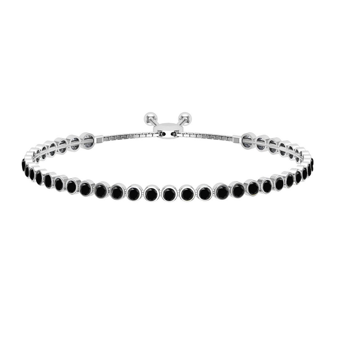 2.07 Ctw i2/i3 Treated Fancy Black Diamond 14K White Gold Slide Bracelet: Center Diamond Weight : 2.07 Ctw (Round Cut) Center Diamond Color :- Treated Fancy Black Diamond Center Clarity : I2/I3 Stone Setting : Bezel Metal Weight : Approx 9.00 Gram 14K White Gold Slide Brace