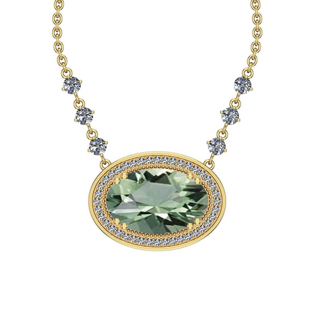Certified 32.00 Ctw I2/I3 Green Amethyst And Diamond 14K Yellow Gold Pendan: Color Stone Approx Weight: 30.80 Ctw (Oval Cut) Center Stone Color: Green Amethyst Center Stone Setting: Prong Side Stone 1.20 Ctw Side Stone Color: J-K Stone Clarity: I2/I3 Stone Setting: Prong