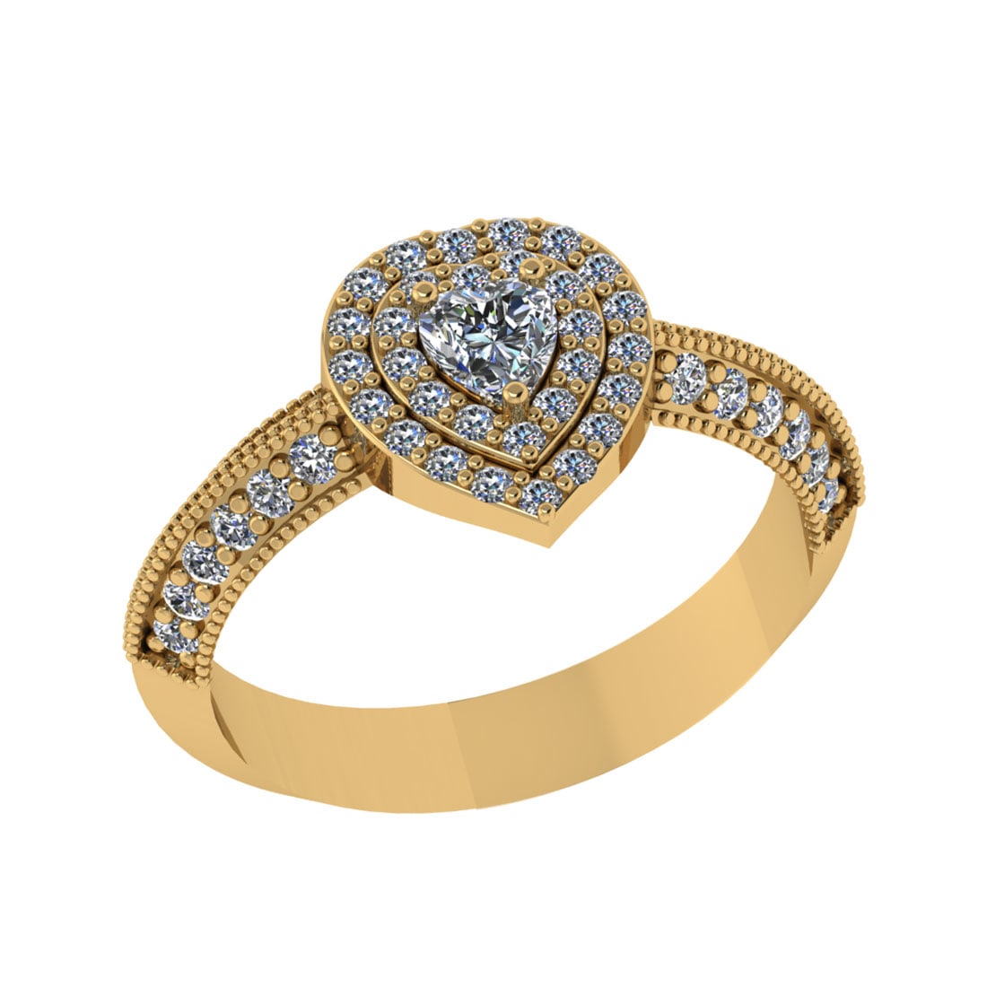 1.09 Ctw Diamond 14K Yellow Gold Engagement Halo Ring: Center Diamond Weight : 0.25 Ctw (Heart Cut) Center Color :-I Clarity : SI2 Setting : Prong Side Weight Of Ctw 0.84 Ctw Color : J-K Clarity : SI2/I1 Stone Setting : Prong Metal Weight : Approx 5.40 gr