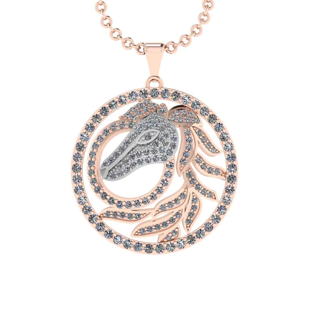 2.38 Ctw SI2/I1 Diamond 14K Rose and white Gold two tone Zodiac Sign Horse: Total Diamond Weight : 2.38 Ctw (Round cut) Center Diamond Color :- J-K Center Clarity : SI2/I1 Stone Setting : Prong Metal Weight : Approx 11.90 Gram 14K Rose and white Gold Zodiac Sign Horse pendant