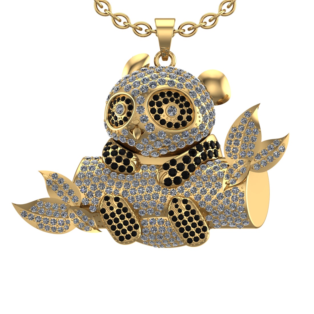 5.81 Ctw Treated Fancy Black Diamond 14K Yellow Gold Panda Pendant Necklace: Center Diamond Weight : 1.29 Ctw (Round Cut) Center Color :-Treated Fancy Black Diamond Clarity : SI2/I1 Setting : Prong Side Weight Of Ctw 4.52 Ctw Color : J-K Clarity : SI2/I1 Stone Setting : Prong 